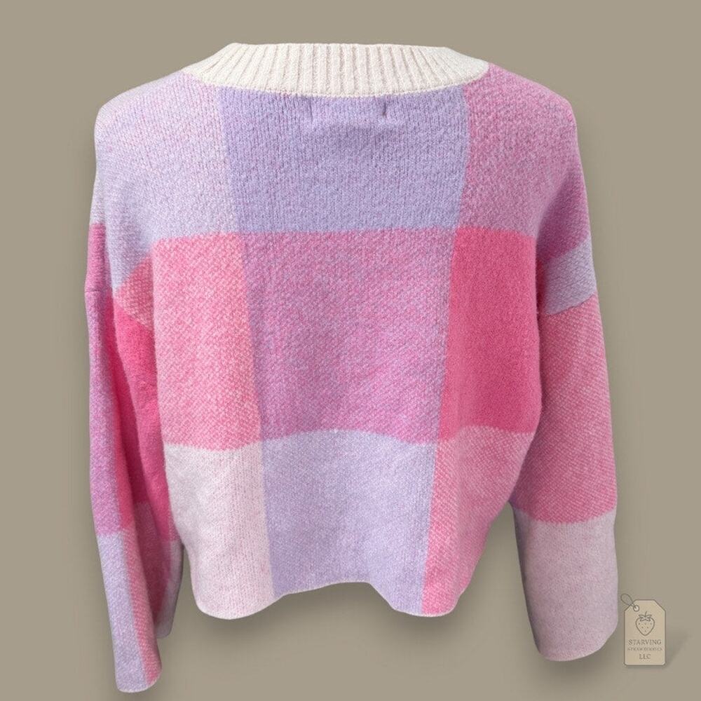 Pink & Lavender Plaid Cropped Sweater Women's XS | Wide Sleeves - Picture 5 of 7